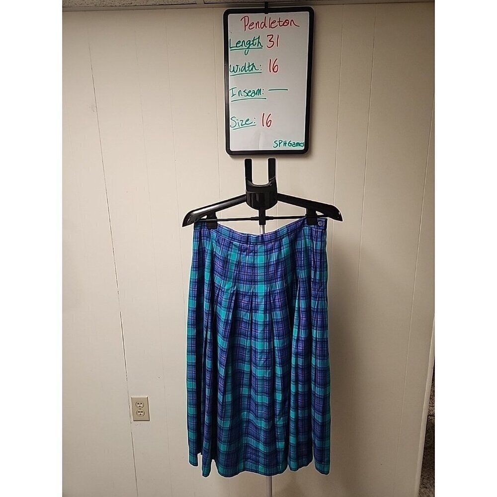 Pendleton Vintage Pleated Flare Turquoise Plaid Midi Skirt Size 16 Zip Button